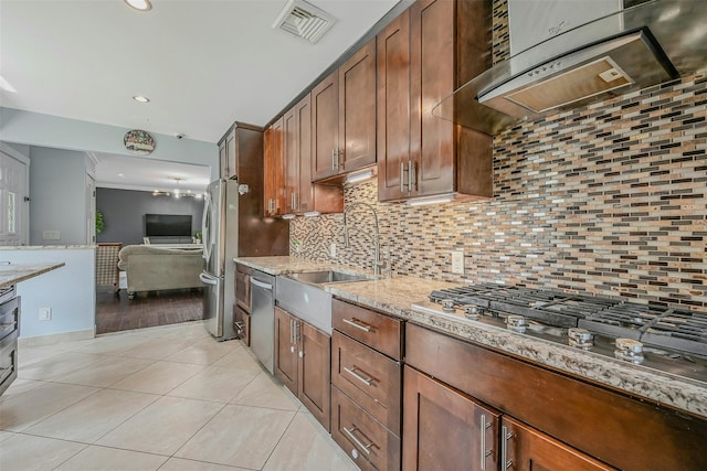 2 Janet Ln, Commack, NY 11725 - kitchen featuring stainless steel appliances, light tile patterned floors, decorative backsplash, ventilation hood, and light stone countertops
