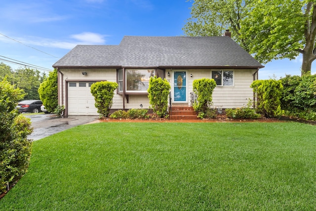 121 Thomas Ave, Bethpage, NY 11714 - view of front facade with an attached garage, a chimney, a shingled roof, and a front lawn