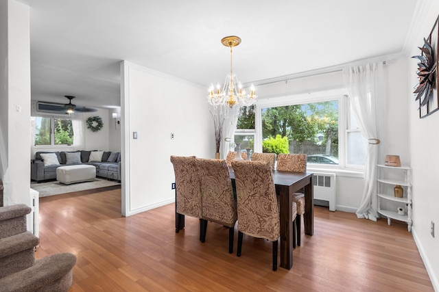 121 Thomas Ave, Bethpage, NY 11714 - dining room with light wood-style floors, a chandelier, radiator, and ornamental molding