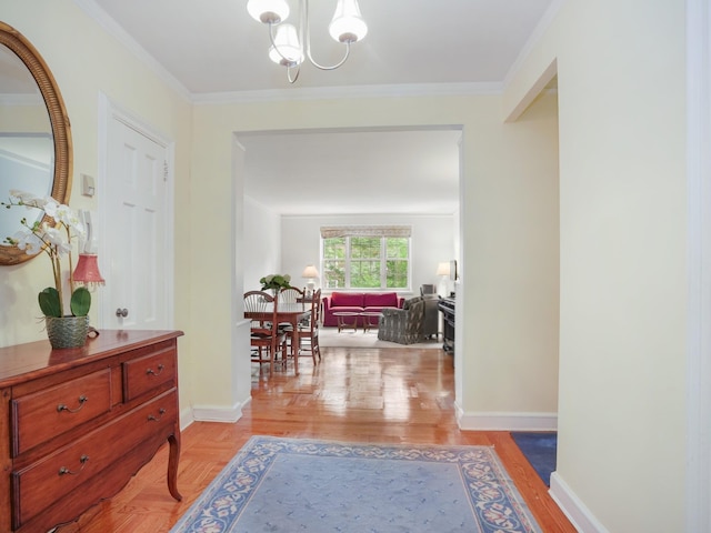 1 Midland Gdns Unit 4A, Bronxville, NY 10708 - corridor featuring a chandelier, light wood-style flooring, and crown molding