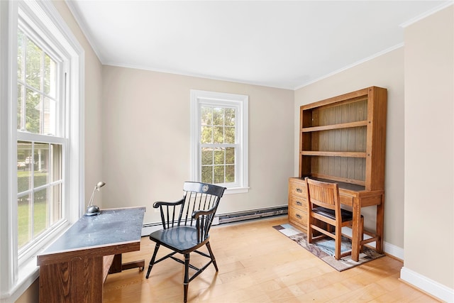 160 Newtown Ln, East Hampton, NY 11937 - office with light wood finished floors, ornamental molding, and a baseboard heating unit