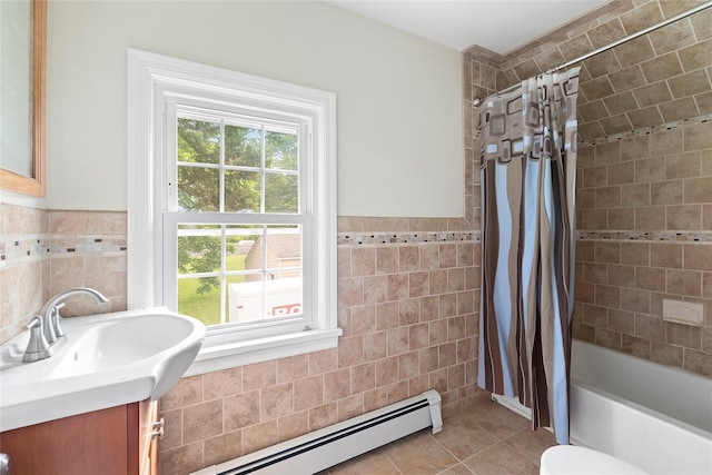 160 Newtown Ln, East Hampton, NY 11937 - full bathroom with tile walls, vanity, shower / tub combo with curtain, tile patterned flooring, and a baseboard radiator