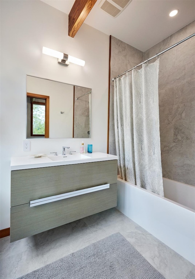 34 Old Neck Rd S, Center Moriches, NY 11934 - full bathroom with shower / tub combo, vanity, and beam ceiling