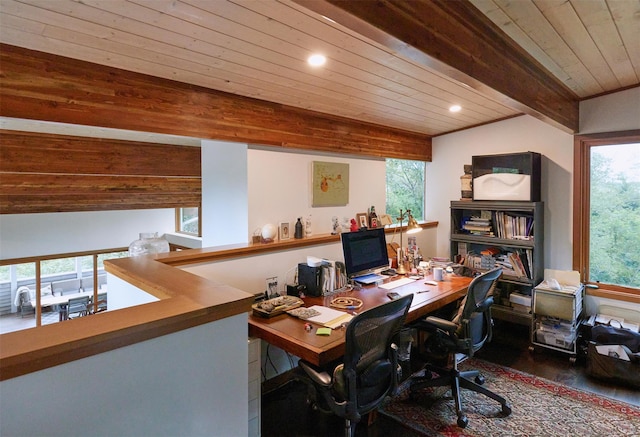 34 Old Neck Rd S, Center Moriches, NY 11934 - office area with wood finished floors, a wood ceiling with exposed beams, and recessed lighting