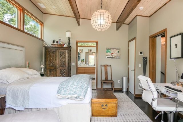 34 Old Neck Rd S, Center Moriches, NY 11934 - bedroom featuring a wood ceiling with exposed beams and dark wood-style flooring