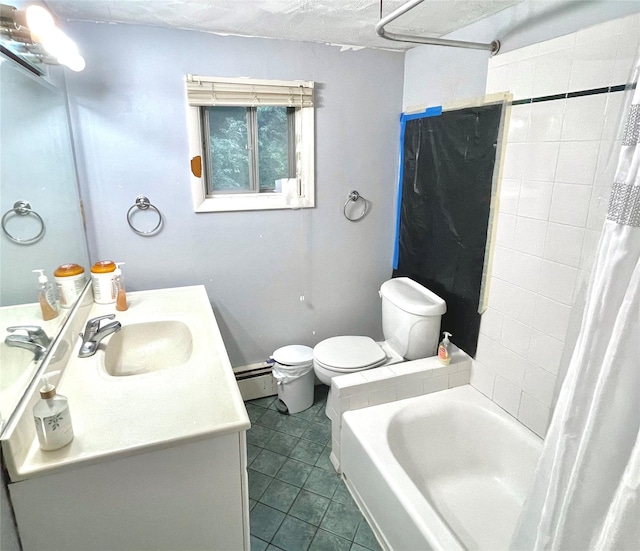 20 Pine Ave, Ossining, NY 10562 - full bathroom featuring tile patterned flooring, vanity, a baseboard radiator, and shower / bathtub combination with curtain