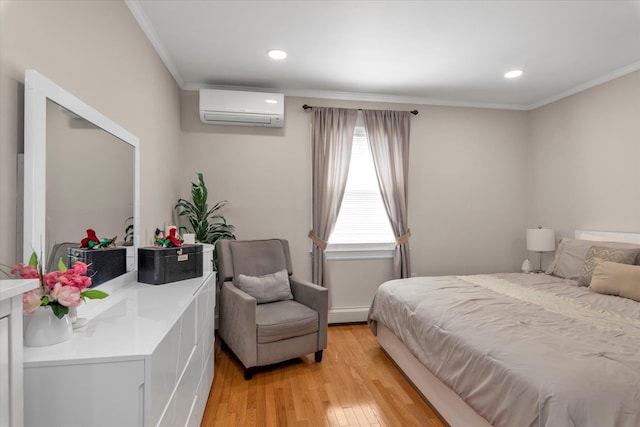 1159 129th St, College Point, NY 11356 - bedroom featuring a wall mounted air conditioner, light wood-type flooring, crown molding, a baseboard heating unit, and recessed lighting