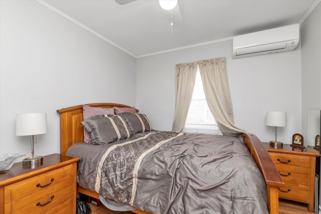 1159 129th St, College Point, NY 11356 - bedroom featuring a wall mounted air conditioner, crown molding, light wood-style floors, and ceiling fan