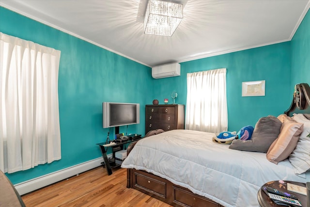 1159 129th St, College Point, NY 11356 - bedroom with a wall mounted AC, wood finished floors, crown molding, and a baseboard heating unit