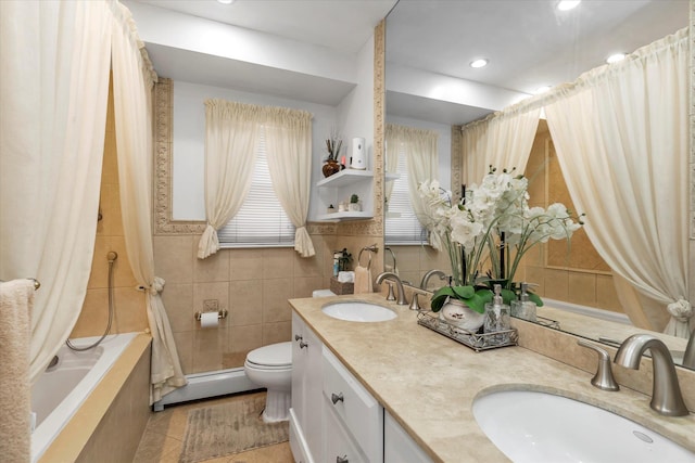 1159 129th St, College Point, NY 11356 - full bathroom featuring baseboard heating, tiled shower / bath, tile patterned floors, tile walls, and double vanity