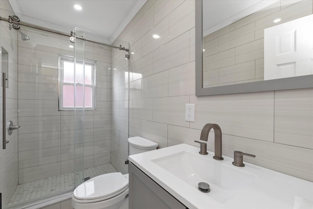 1159 129th St, College Point, NY 11356 - full bathroom with tile walls, a stall shower, vanity, and tasteful backsplash