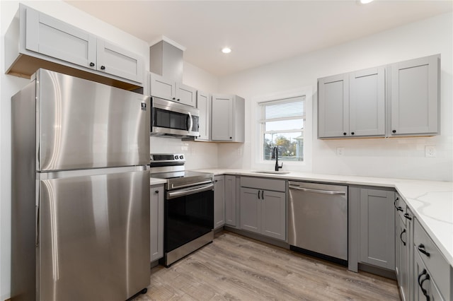 22 Forbus St, Poughkeepsie, NY 12601 - kitchen featuring stainless steel appliances, gray cabinets, decorative backsplash, recessed lighting, and light stone counters