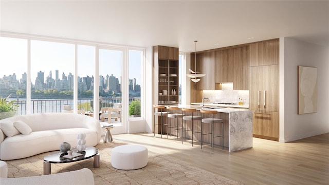 30-55 Vernon Blvd Unit 3F, Long Island City, NY 11102 - living area with light wood-type flooring, plenty of natural light, a skyline view, and a water view