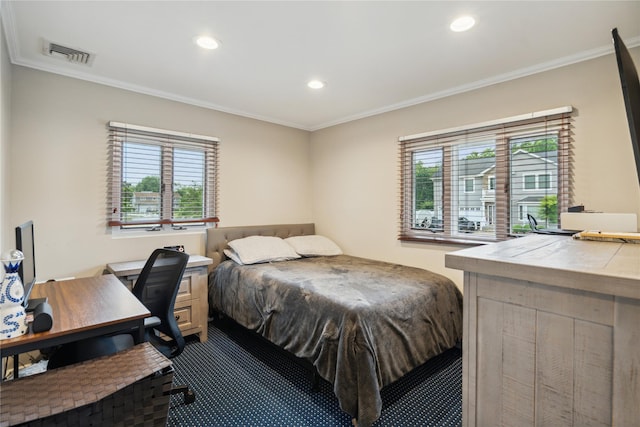 9 Elaine Pl, Plainview, NY 11803 - carpeted bedroom with crown molding, multiple windows, recessed lighting, and a desk