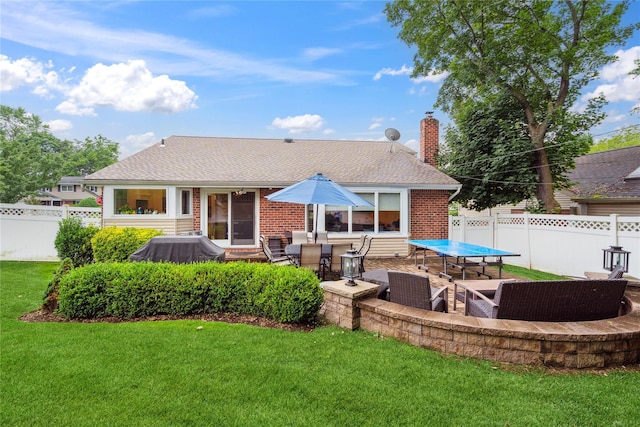 9 Elaine Pl, Plainview, NY 11803 - back of house with a fenced backyard, a patio area, a chimney, brick siding, and a shingled roof