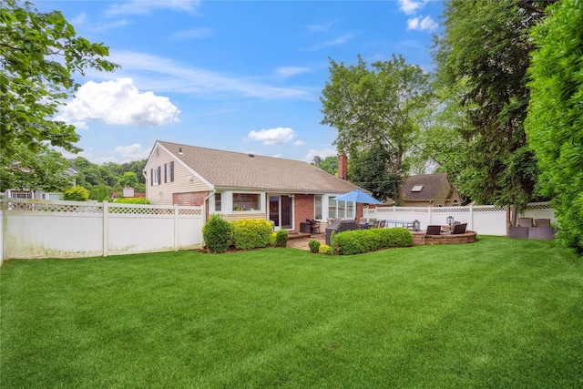 9 Elaine Pl, Plainview, NY 11803 - back of house featuring a patio, a fenced backyard, a chimney, and brick siding
