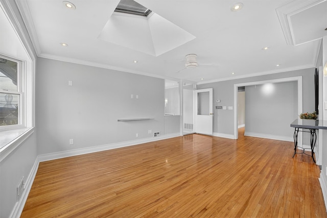 7 Fuller Rd, Ossining, NY 10562 - unfurnished living room with light wood-style floors, crown molding, recessed lighting, and a ceiling fan