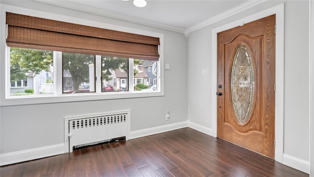17111 Bagley Ave, Flushing, NY 11358 - entrance foyer featuring radiator heating unit, plenty of natural light, crown molding, and dark wood-style flooring