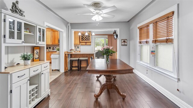 17111 Bagley Ave, Flushing, NY 11358 - dining area featuring ceiling fan, dark wood finished floors, and a chandelier