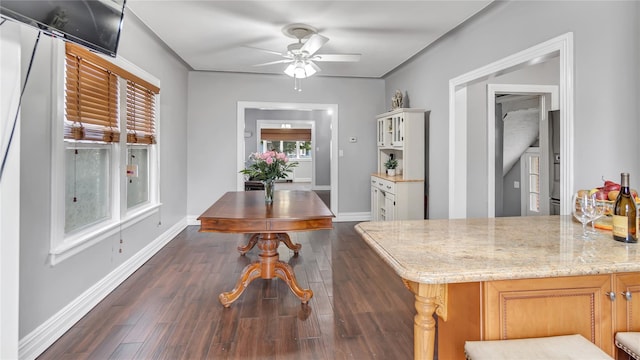 17111 Bagley Ave, Flushing, NY 11358 - kitchen with ceiling fan, dark wood-style flooring, and light stone counters