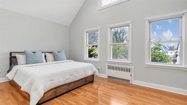 17111 Bagley Ave, Flushing, NY 11358 - bedroom featuring radiator, multiple windows, light wood-style flooring, and high vaulted ceiling