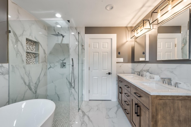2040 Wellington Ct, Westbury, NY 11590 - full bath featuring marble finish floors, a freestanding tub, double vanity, a marble finish shower, and recessed lighting