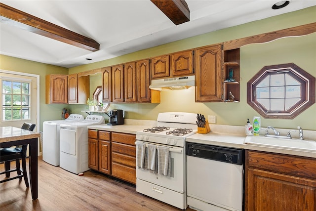 18 Berkeley Ave, Selden, NY 11784 - kitchen featuring white appliances, under cabinet range hood, washing machine and clothes dryer, beamed ceiling, and brown cabinetry