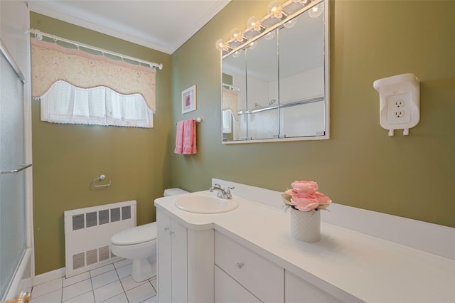 15 Peony Ln, Commack, NY 11725 - full bath featuring radiator heating unit, tile patterned floors, vanity, and ornamental molding