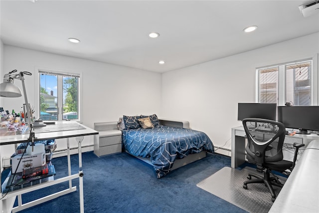 128 Seaman Rd, Jericho, NY 11753 - bedroom with carpet, baseboard heating, recessed lighting, and an office area