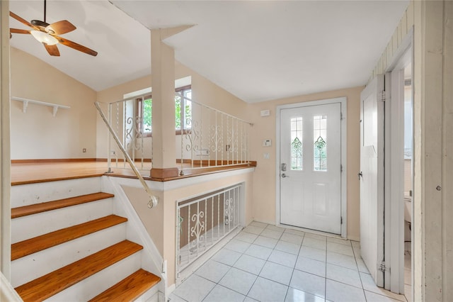 38 W 17th St, Deer Park, NY 11729 - entryway featuring stairway, tile patterned flooring, a ceiling fan, and lofted ceiling