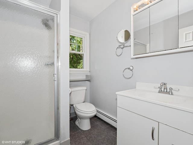 10 Silvermine Dr, South Salem, NY 10590 - bathroom with a baseboard heating unit, vanity, a stall shower, and tile patterned floors