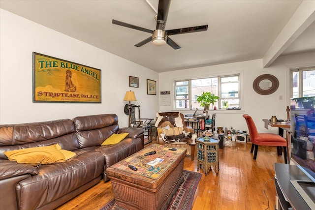 69-28 43rd Ave, Woodside, NY 11377 - living area featuring a ceiling fan, plenty of natural light, and wood-type flooring