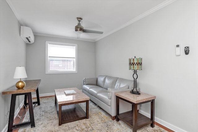 69-28 43rd Ave, Woodside, NY 11377 - living room with a wall unit AC, ceiling fan, crown molding, and light wood-type flooring