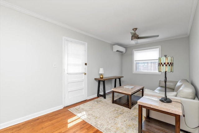 69-28 43rd Ave, Woodside, NY 11377 - living room with a wall mounted AC, light wood finished floors, crown molding, and ceiling fan