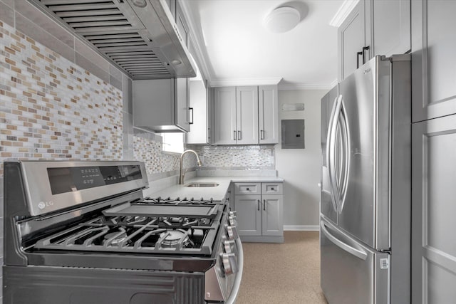 69-28 43rd Ave, Woodside, NY 11377 - kitchen with appliances with stainless steel finishes, electric panel, exhaust hood, light countertops, and tasteful backsplash