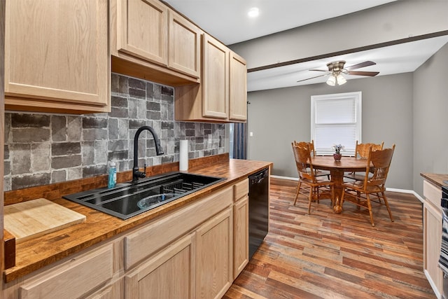 160 New Holland Vlg, Nanuet, NY 10954 - kitchen with wood counters, light brown cabinets, dishwasher, a ceiling fan, and decorative backsplash