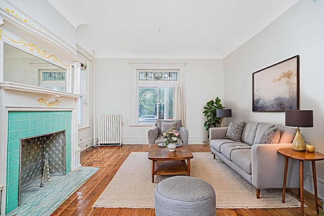 335 E 18th St, Brooklyn, NY 11226 - living area with radiator, wood-type flooring, and a tiled fireplace