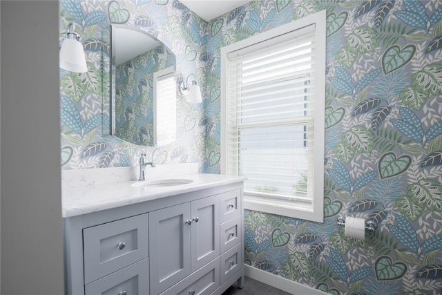43 Washington Ave, Greenport, NY 11944 - bathroom featuring wallpapered walls, plenty of natural light, and vanity