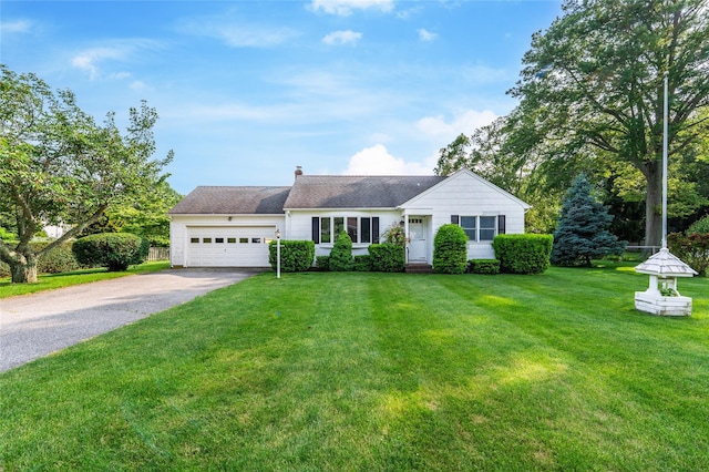 3000 Pequash Ave, Cutchogue, NY 11935 - view of front of property with asphalt driveway, an attached garage, a front lawn, and a chimney