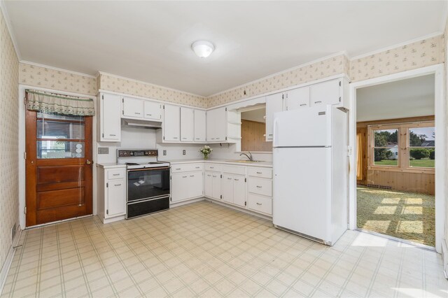 3000 Pequash Ave, Cutchogue, NY 11935 - kitchen with white appliances, wallpapered walls, light countertops, light flooring, and white cabinets