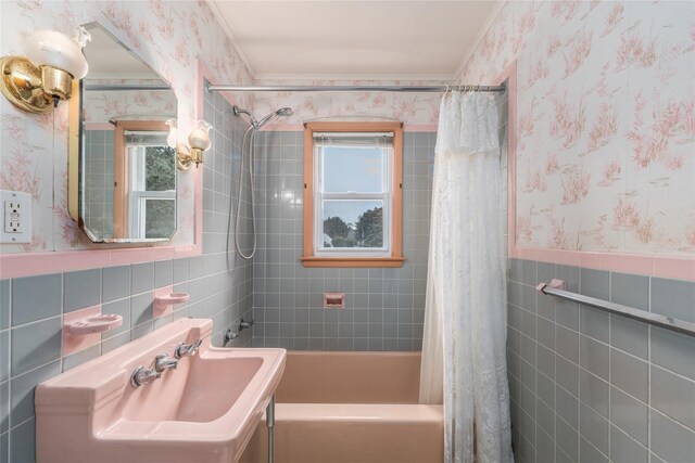 3000 Pequash Ave, Cutchogue, NY 11935 - full bath with tile walls, wallpapered walls, shower / tub combo, and ornamental molding
