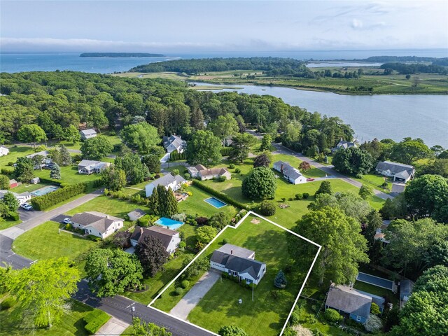 3000 Pequash Ave, Cutchogue, NY 11935 - aerial perspective of suburban area featuring a nearby body of water and property parcel outlined