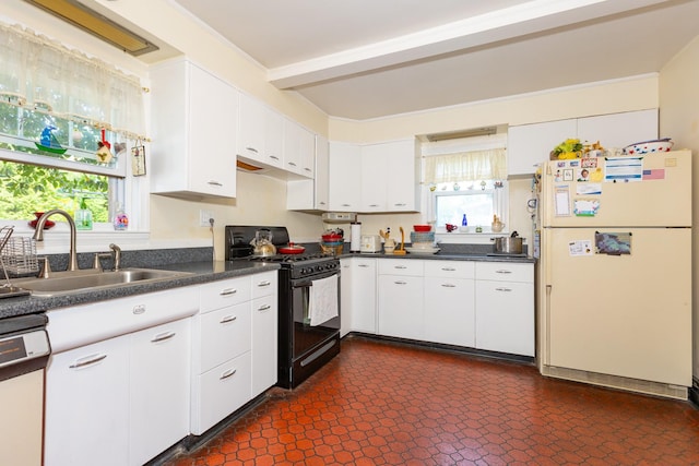 53 Community Rd, Bay Shore, NY 11706 - kitchen with white appliances, white cabinets, dark countertops, and beam ceiling