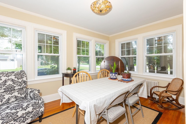 53 Community Rd, Bay Shore, NY 11706 - dining room featuring radiator heating unit, wood finished floors, ornamental molding, and plenty of natural light