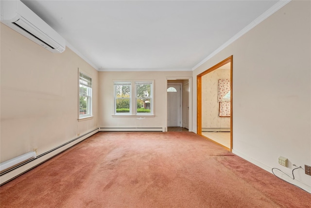 48-67 187th St, Fresh Meadows, NY 11365 - unfurnished room with an AC wall unit, carpet floors, ornamental molding, and baseboard heating
