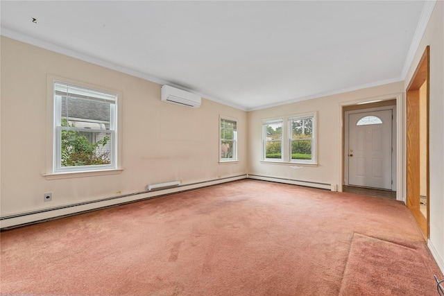 48-67 187th St, Fresh Meadows, NY 11365 - foyer featuring an AC wall unit, ornamental molding, carpet flooring, baseboard heating, and a baseboard radiator
