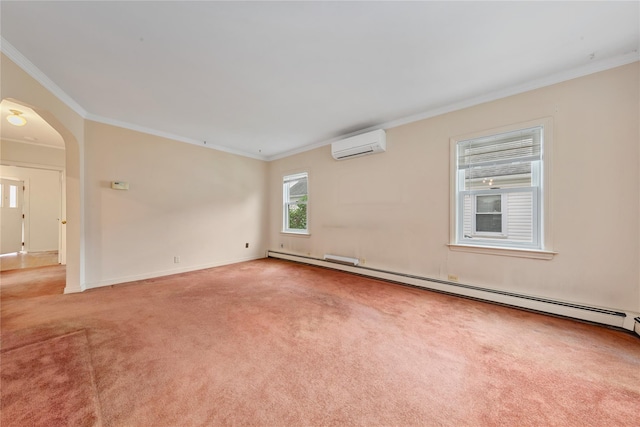 48-67 187th St, Fresh Meadows, NY 11365 - carpeted empty room featuring an AC wall unit, ornamental molding, arched walkways, and a baseboard radiator