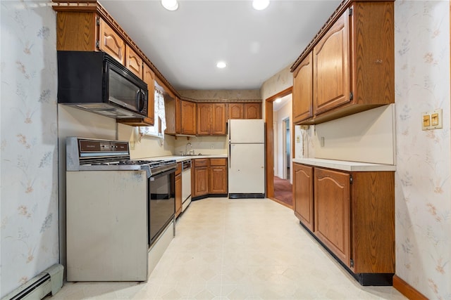 48-67 187th St, Fresh Meadows, NY 11365 - kitchen featuring black appliances, wallpapered walls, a baseboard heating unit, brown cabinetry, and recessed lighting