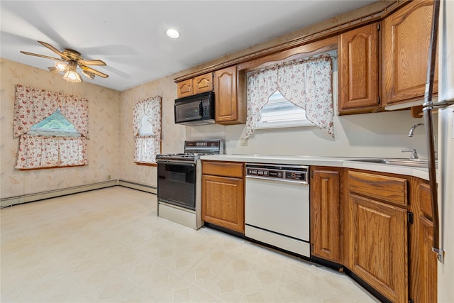 48-67 187th St, Fresh Meadows, NY 11365 - kitchen with white appliances, brown cabinets, ceiling fan, light countertops, and recessed lighting