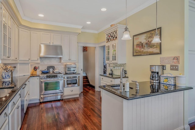 33 S Bay Ave, Amityville, NY 11701 - kitchen featuring appliances with stainless steel finishes, under cabinet range hood, dark wood finished floors, a peninsula, and decorative backsplash